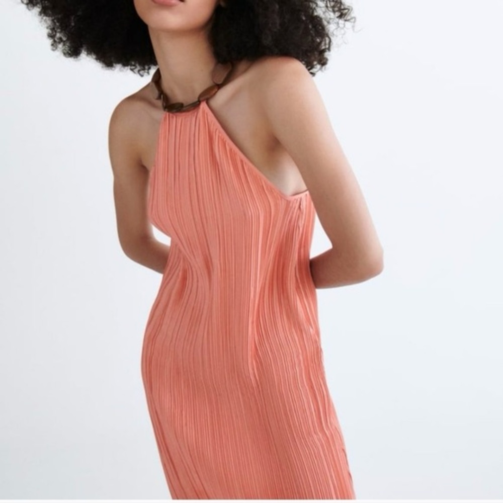 Zara Pale Pink Coral Flowy Beachy Pleated Midi Dress with Wooden Bead Detailing